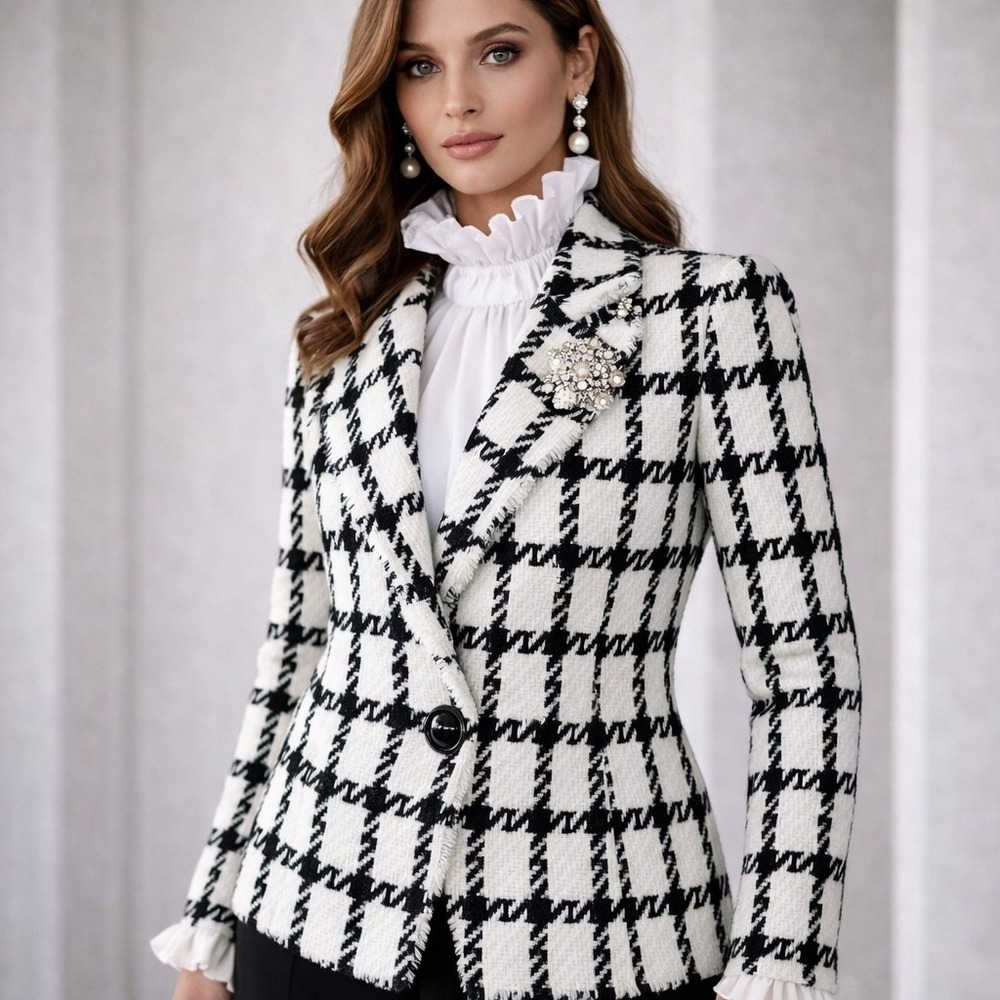 Ellen Tracy‎ Blazer Women's Small Black & White Checkered Boucle Coat, Jacket XS